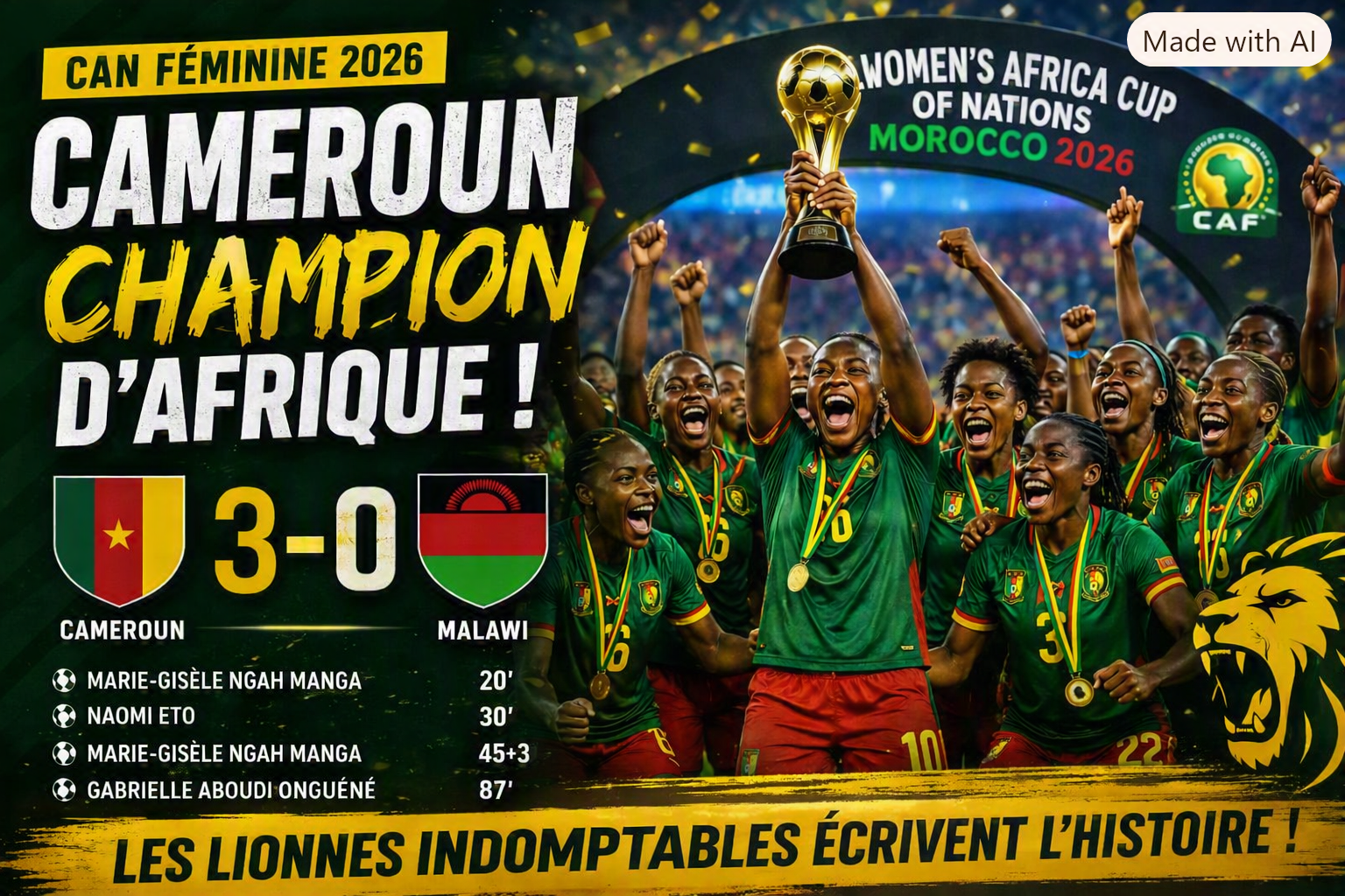 Cameroun 3-0 Malawi : les Lionnes Indomptables sont championnes d'Afrique !