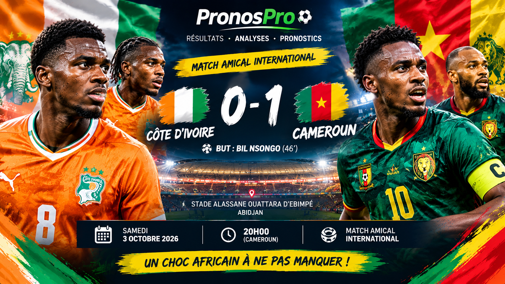 Côte d’Ivoire 0-1 Cameroun : Bil Nsongo offre la victoire aux Lions Indomptables