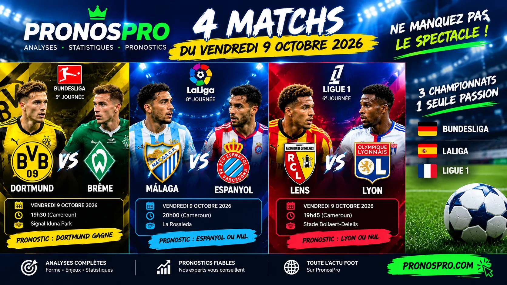 Dortmund – Brême, Málaga – Espanyol, Lens – Lyon : les trois matchs à suivre ce vendredi