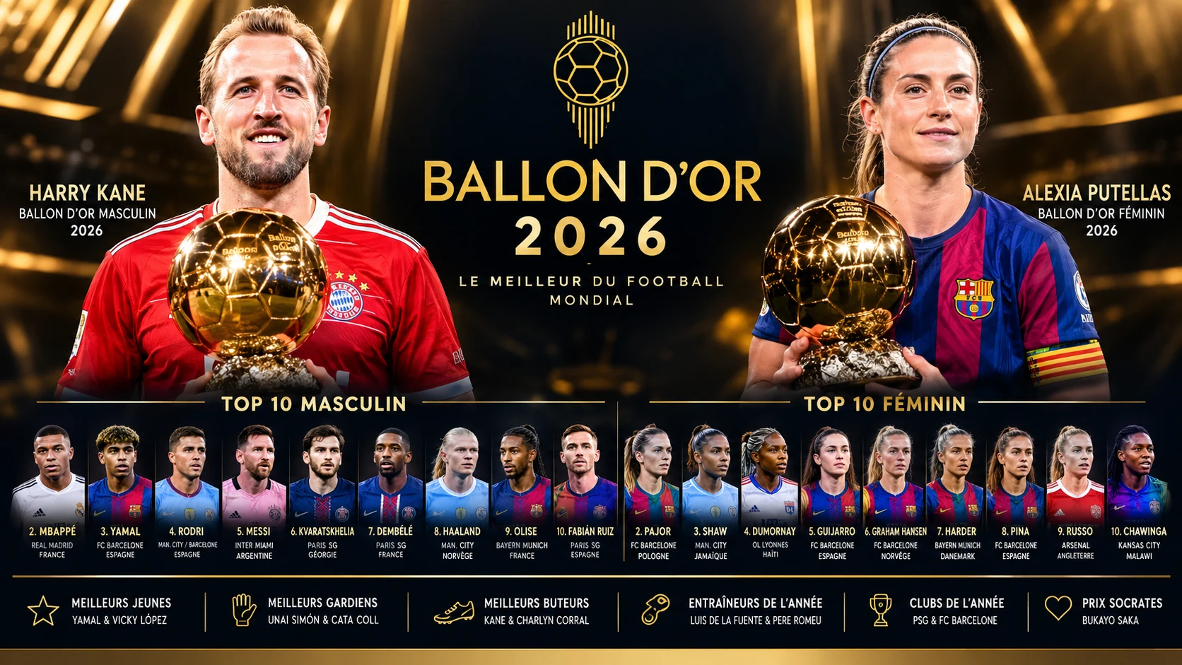 Ballon d’Or 2026 : Harry Kane et Alexia Putellas sacrés, découvrez tous les classements et les lauréats